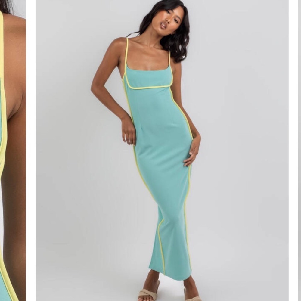 Here Comes The Sun Turquoise Yellow Trim Maxi Dress Small‎ Sporty Square Neck